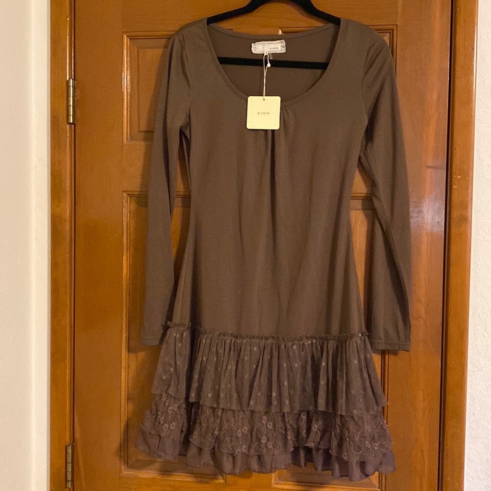 A’reve Long sleeve lace and tulle ruffle tunic dress